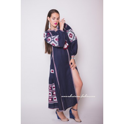 Boho Style Embroidered Maxi Dress Navy Blue with Maroon/White Embroidery